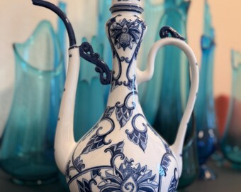 Vintage Chinese Blue and White Porcelain Pitcher Ewer, Cobalt Floral Hand Painted Export Style Vase with Spout and Handle