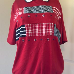 Vintage Tanjay Quilted Patriotic Shirt Women’s Medium – Red White & Blue Americana Short Sleeve Blouse 80s USA Retro Top