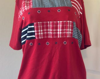 Vintage Tanjay Quilted Patriotic Shirt | Women’s Medium Red White & Blue Americana 80s Short Sleeve Blouse | USA Retro Top