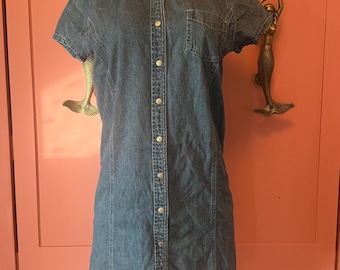 Vintage Mountain Lake Denim Shirt Dress Medium | Blue Short Sleeve Button Front Dress | Retro Casual Jean Dress | Cottagecore