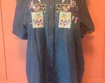 Vintage Bobbie Brooks 18/20W Denim Shirt | Embroidered Nautical Patriotic Top | 90s Americana Sailor Shirt | Plus Size Cotton
