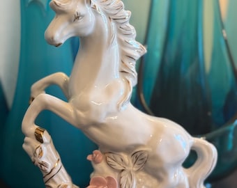 Vintage Ceramic Unicorn Figurine with Gold Details and Floral Accents – White Porcelain, Pastel Cottagecore Decor
