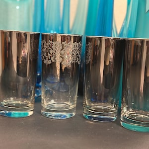 Vintage Silver Fade Highball Glasses | Mid-Century Modern Barware Set of 4 | Ombre Roly Poly Cocktail Glasses with Silver Filigree Accent