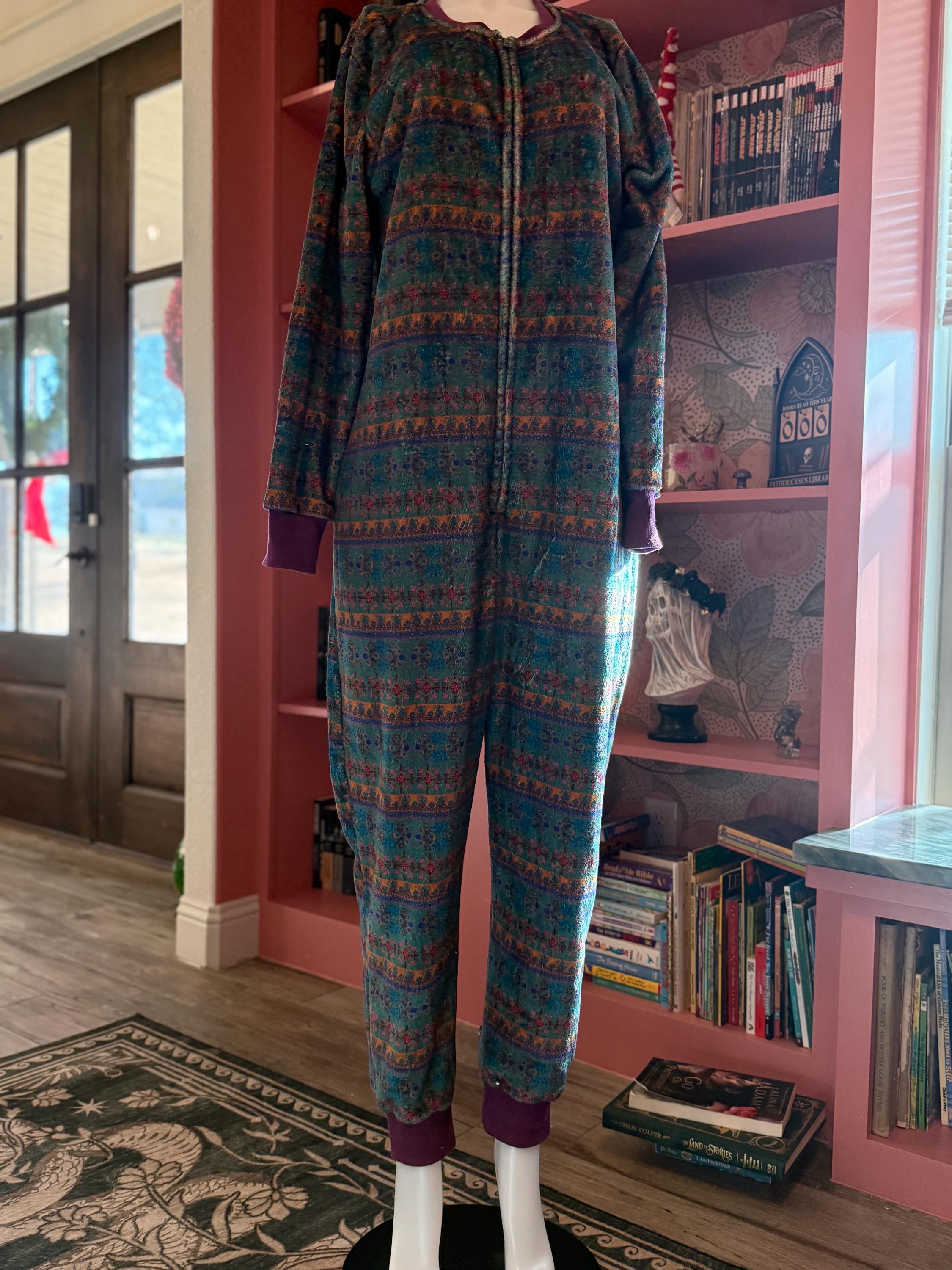 Vintage Floral Jumpsuit XS 90s Cozy Zip Up Romper Oversized Lounge One Piece Soft Knit Pajama Suit