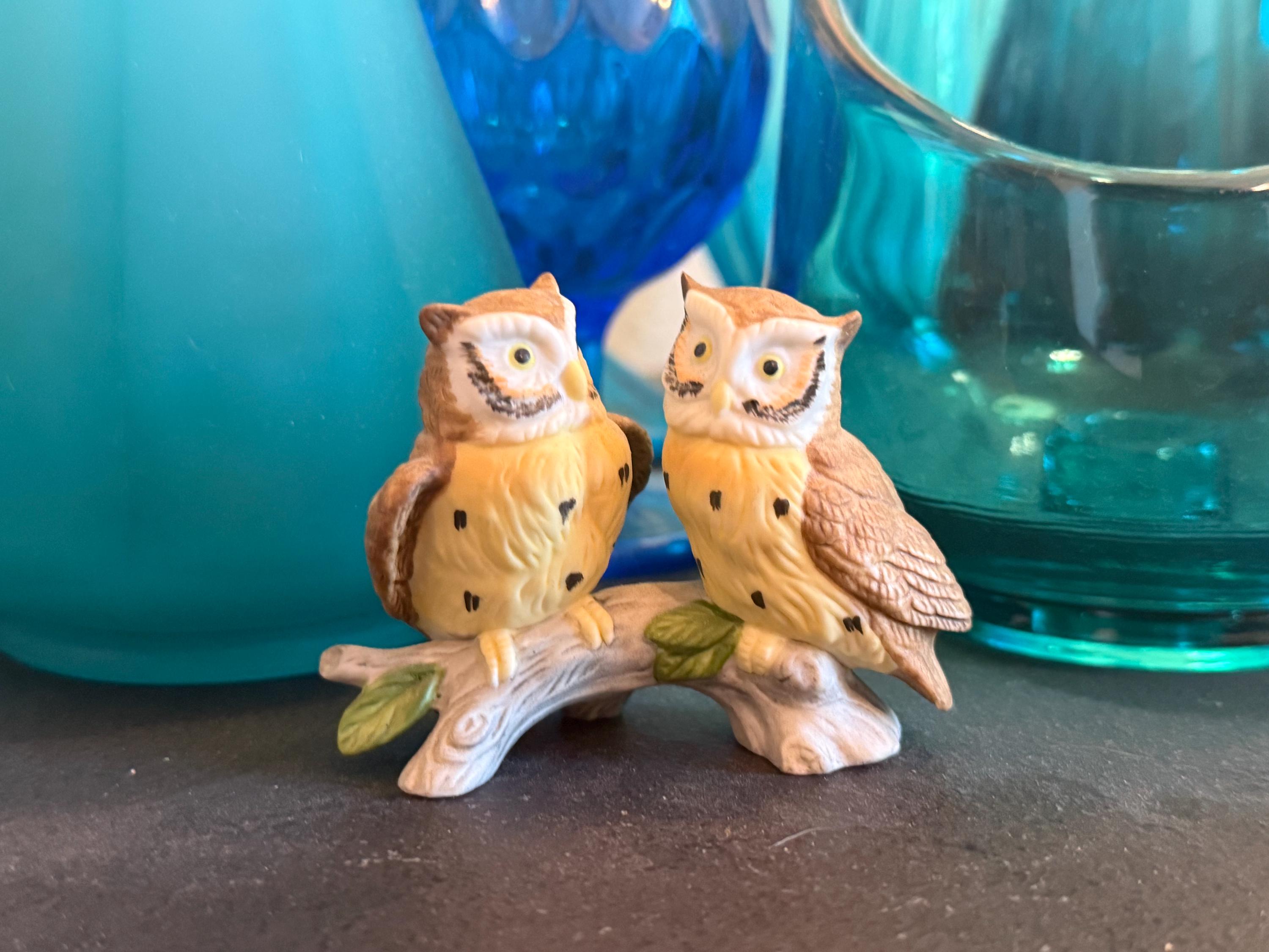 Vintage Lefton Owl Figurine Pair on Branch | Mid-Century Ceramic Owls | Kitsch Japan Collectible | W