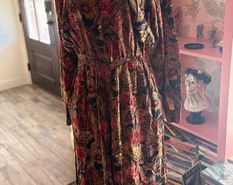 Vintage Floral Romper Dress New With Tags Long Sleeve Button Front Autumn Botanical Print Midi Romper Waist Cinch