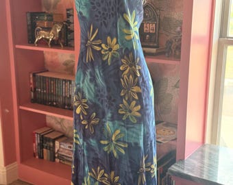 Vintage Blue Floral Maxi Dress Size 6 Tropical Hawaiian Style 90s Grunge Fairycore Slip Dress