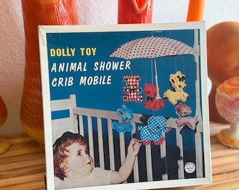 Vintage 1960s Dolly Toy Crib Mobile | Animal Shower Baby Mobile with Original Box | Retro Mid Century Nursery Decor Gift
