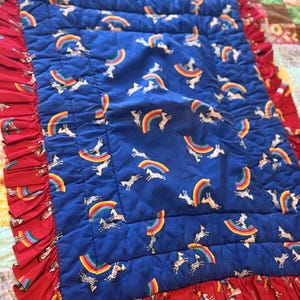 Vintage Children’s Quilt, Rainbow Zebra Patchwork Blanket, Handmade Cotton Ruffle Bedspread, Retro Nursery Bedding Throw, 80s 90s Quilt