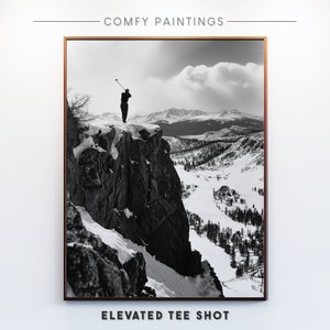 Golf kunst aan de muur, besneeuwde berg golfer silhouet, antieke foto, vintage kunst, zwart-wit digitale print, grappig decor, AFDRUKBARE kunst aan de muur