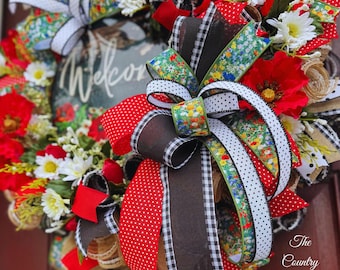Red Poppy Welcome Wreath, floral spring wreath, daisies and poppies, summer welcome wreath, red tulips, front door welcome wreath