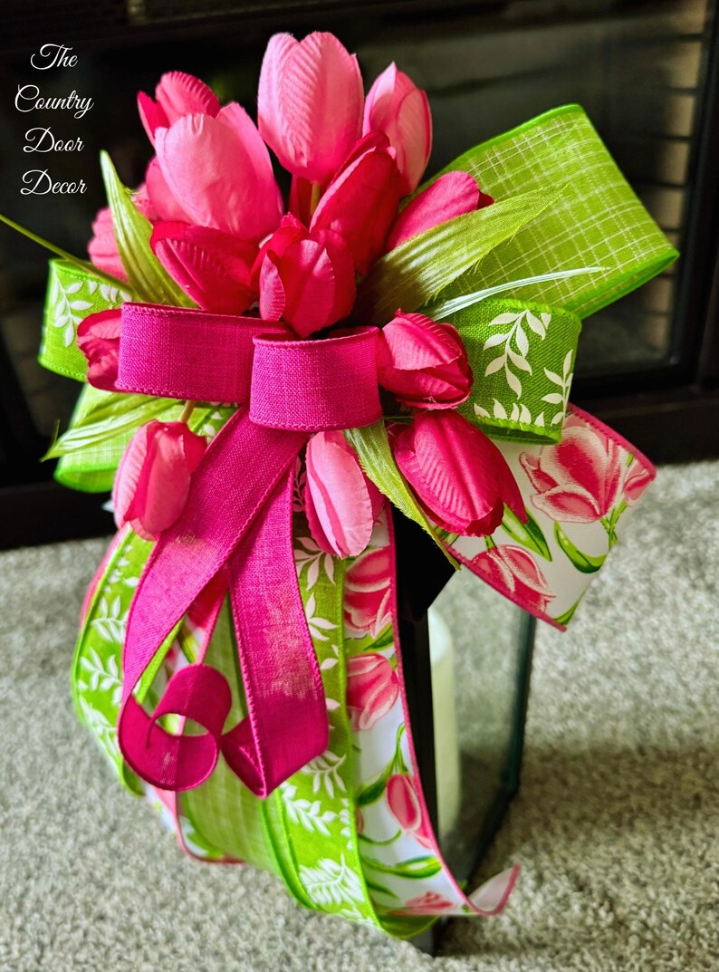 Spring Tulip Lantern Bow, Pink Floral Accent, Easter Wreath Decor - Etsy