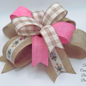Spring floral bow, tan and pink accent bow, spring wreath bows, tulip accent bow, spring home decor, floral lantern bow, bows with tulips