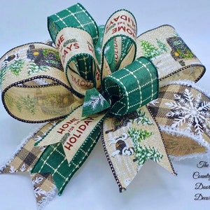 Winter theme accent bow, green winter lantern bow, Buffalo plaid green and tan Christmas bows, winter snowflake bow, winter scene bows