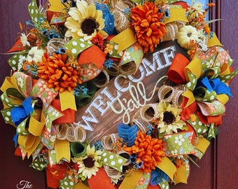 Welcome wreath, sunflower wreath, fall front door wreath, Welcome Y’all wreath, fall pumpkin wreath, fall floral wreath, fall sunflowers