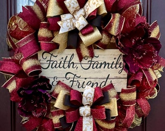 Magnolia welcome wreath, faith family friends wreath, navy blue magnolia wreath, housewarming gifts, burgundy and gold wreath, everyday