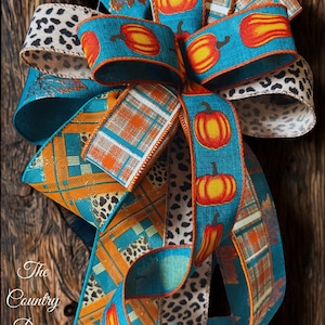 Fall Leaves Leopard Print Bow: Teal, Orange, Copper Wired Ribbon