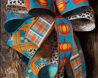 Fall Leaves Leopard Print Bow: Teal, Orange, Copper Wired Ribbon