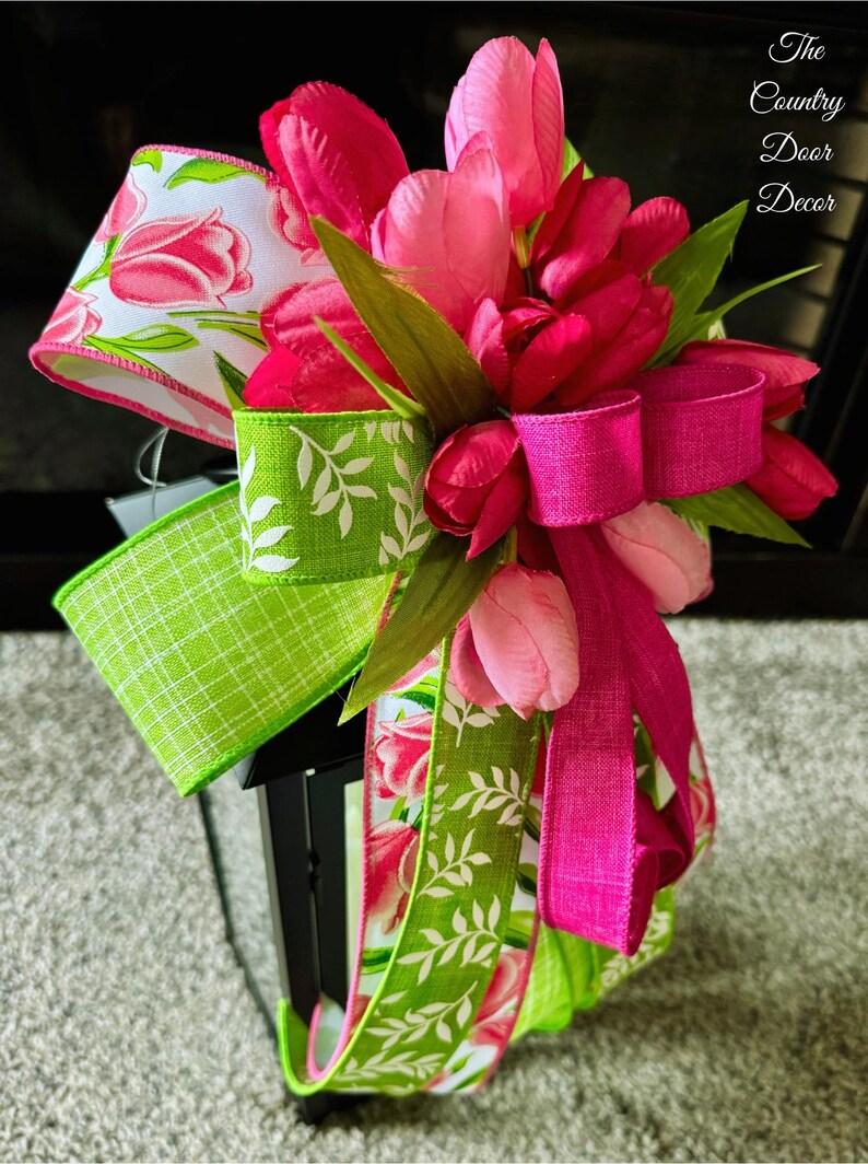 Spring Tulip Lantern Bow, Pink Floral Accent, Easter Wreath Decor - Etsy