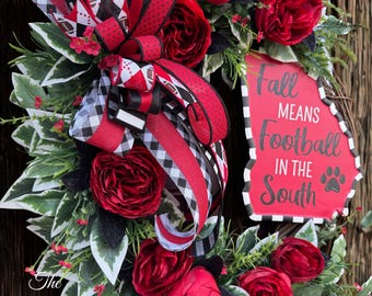Georgia Bulldogs football wreath, red and black grapevine wreath, red roses wreath, SEC college football