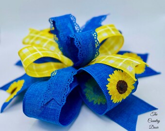 Blue Sunflower Fall bow, sunflower lantern and wreath bow, sunflower decor, sunflower home decor, summer sunflowers, fall sunflowers
