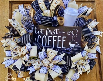 Coffee Lover Wreath, coffee theme wreath, coffee wall decor wreath, coffee lover gift, coffee decor, unique coffee wreath, front door wreath