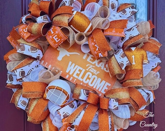 Texas Longhorns Football Wreath, Burnt Orange and white Door hanger, Texas longhorns welcome wreath