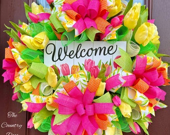 Handcrafted Spring Welcome wreath, Spring Tulips wreath, unique spring wreath, luxury home decor, welcome wreath with tulips, yellow tulips
