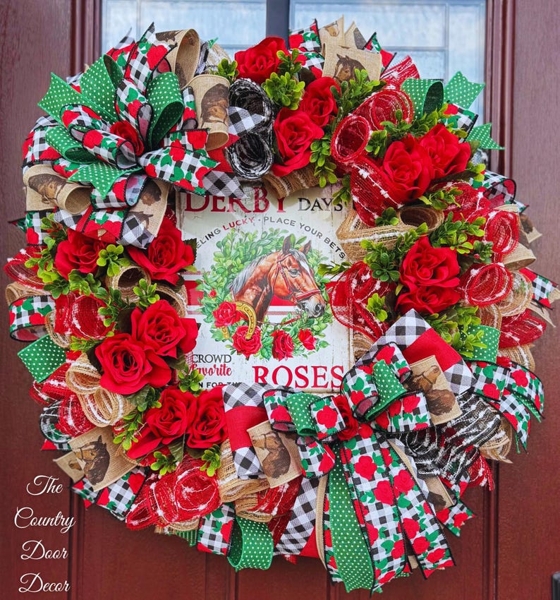 Kentucky Derby Wreath, Roses, Horse Sign, Front Door Decor - Etsy