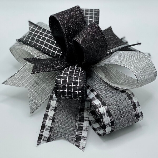 Black and Grey home accent bow, grey and black decor, lantern accent bow, black and grey decor, black and grey plaid, wreath bows