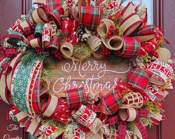Couronne de Noël à carreaux, décoration de porte d'entrée des fêtes