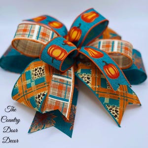 Handgemachte Herbstlaub & Kürbis Schleife: Teal Orange kariertes verdrahtetes Band