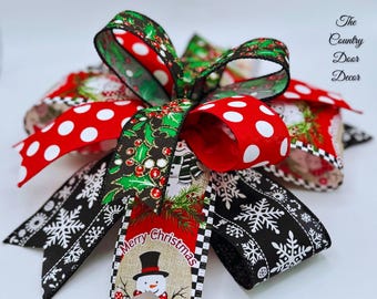 Snowman winter theme Bow, snowflake winter bow, Christmas bows, snowman bow, black and red winter bow, snowman and cardinals accent bow