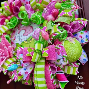 Grinchy Monster Christmas Wreath: Pink Santa Hat, Whimsical Holiday Decor