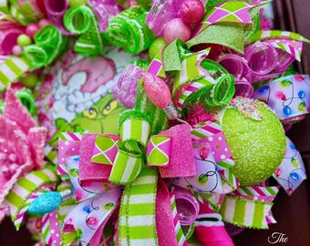 Grinchy Monster Christmas Wreath: Pink Santa Hat, Whimsical Holiday Decor