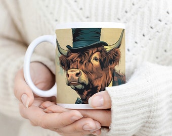 Hector the Highland Cow in Dapper Clothing. Vintage Quirky Mug