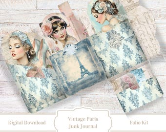 May include: A digital download folio kit for a vintage Paris junk journal. The kit includes images of women, the Eiffel Tower, and floral patterns in blue and pink tones.