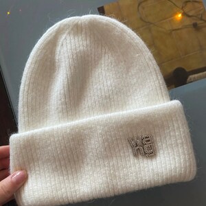 Fuzzy Wang muts, gebreide muts, bling strass wintermuts, Scandinavische esthetiek, dikke vrouw hoed, Aspen skimuts, Dolomieten esthetiek