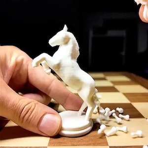 May include: A white chess knight piece stands on a chessboard with its base raised above the board. The knight is in a rearing position with its front legs raised. The chessboard is made of wood with alternating light and dark squares. Several white chess pieces are scattered around the knight.