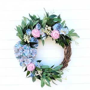 Summer Wreath Hydrangea Rose and Peony Wreath Blue Hydrangeas Pink Roses