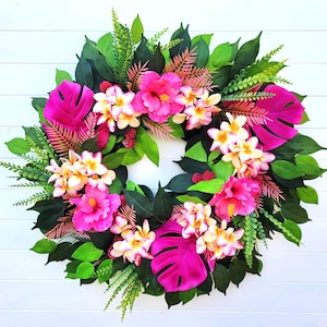 Tropical Hibiscus and Frangipani Plumeria Summer Wreath - 23 Inch Diameter