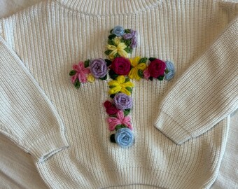 Hand Embroidered Baby and Toddler Sweater | Personalized Floral Cross Sweater Baby and Child
