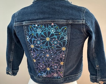 Stunning Colorful Rhinestone Flower Denim Jacket - H&M Upcycled, Girls Size 4/5