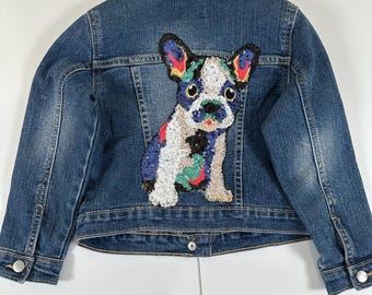 Upcycled Toddler Denim Jacket 4T – Sequin French Bulldog | One of a Kind Kids Jean Jacket