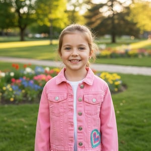 Pink denim jacket with a crocheted patch on front Size Youth 6