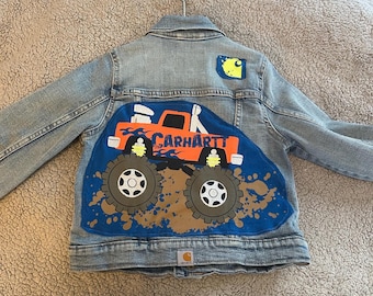 Chaqueta vaquera Carhartt para niños, talla 5T, reciclada / Chaqueta Monster Truck / Chaqueta vaquera para niños / Ropa infantil personalizada / Chaqueta única para niños pequeños