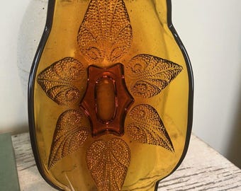 Vintage Dotted Raised Leaf Pattern Indiana Amber Glass Candy Nut Relish Dish