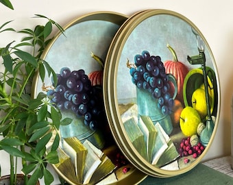 Vintage Fruitcake Artistic Serving Tin W/ Matching Lid "2 Tins In 1" ~ 12" Diam