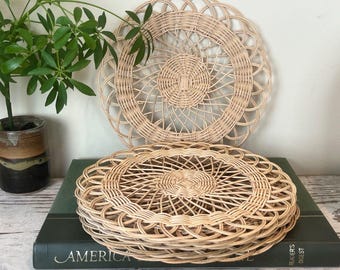 Vintage Woven Wicker MCM Doilies / Chargers (Set Of 4) Boho Home Decor 9.75"