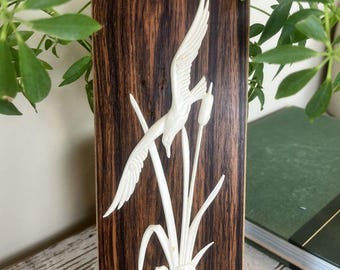 Vintage MCM Wall Art Faux Wood Plastic Seagull In Flight Over Cattails / Retro